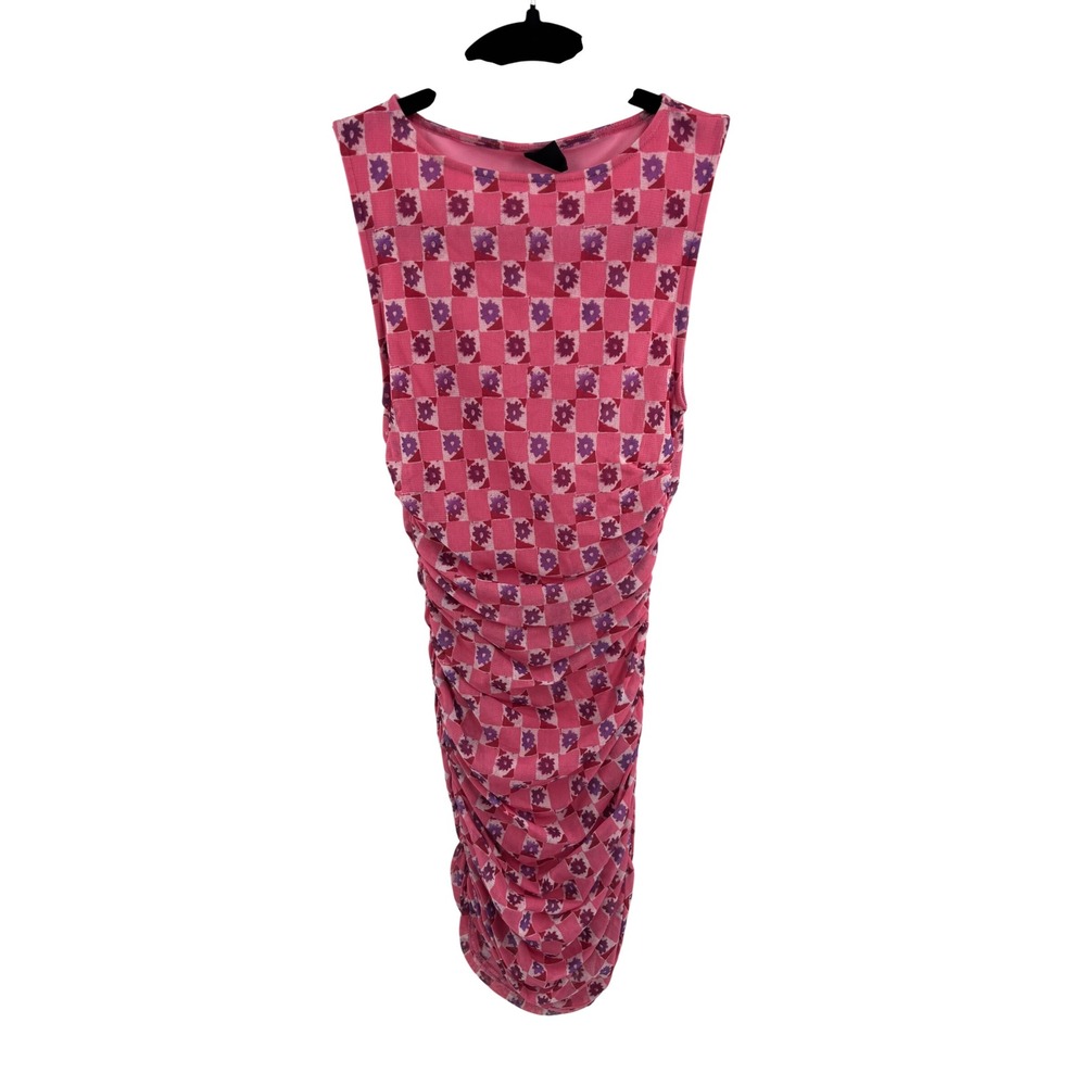 Urban Outfitters Pink Floral Checkerboard Ruched Midi Dress Size S